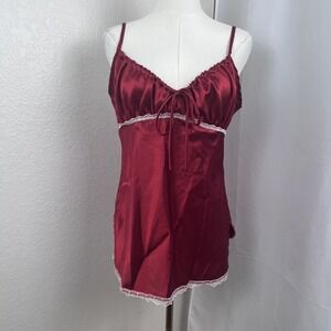 Vintage Y2K Satin Babydoll Top Womens Large Red Lace Trim Coquette Romantic Tank